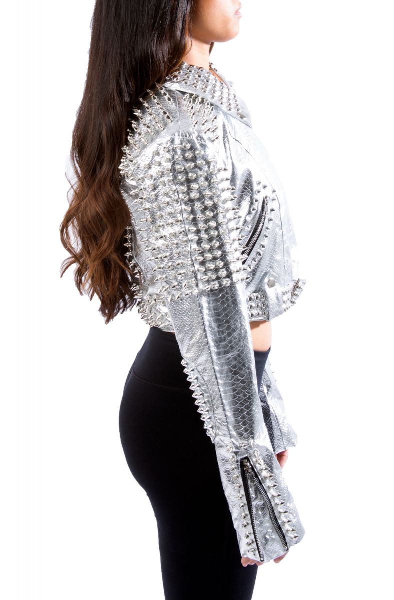 Womens Silver Studded Cropped Jacket for Sale - Hleatherjackets