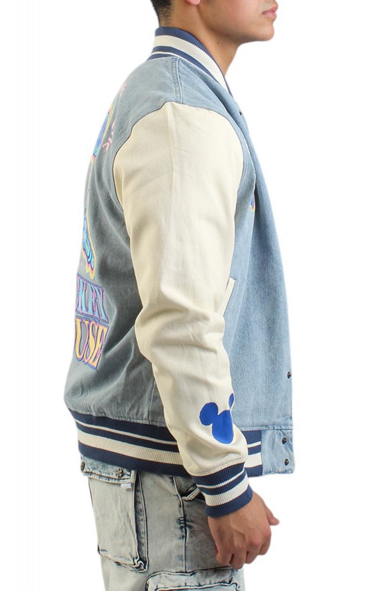 MAXIMA Mickey Mouse Denim Varsity Jacket MY60205-DLN - Karmaloop
