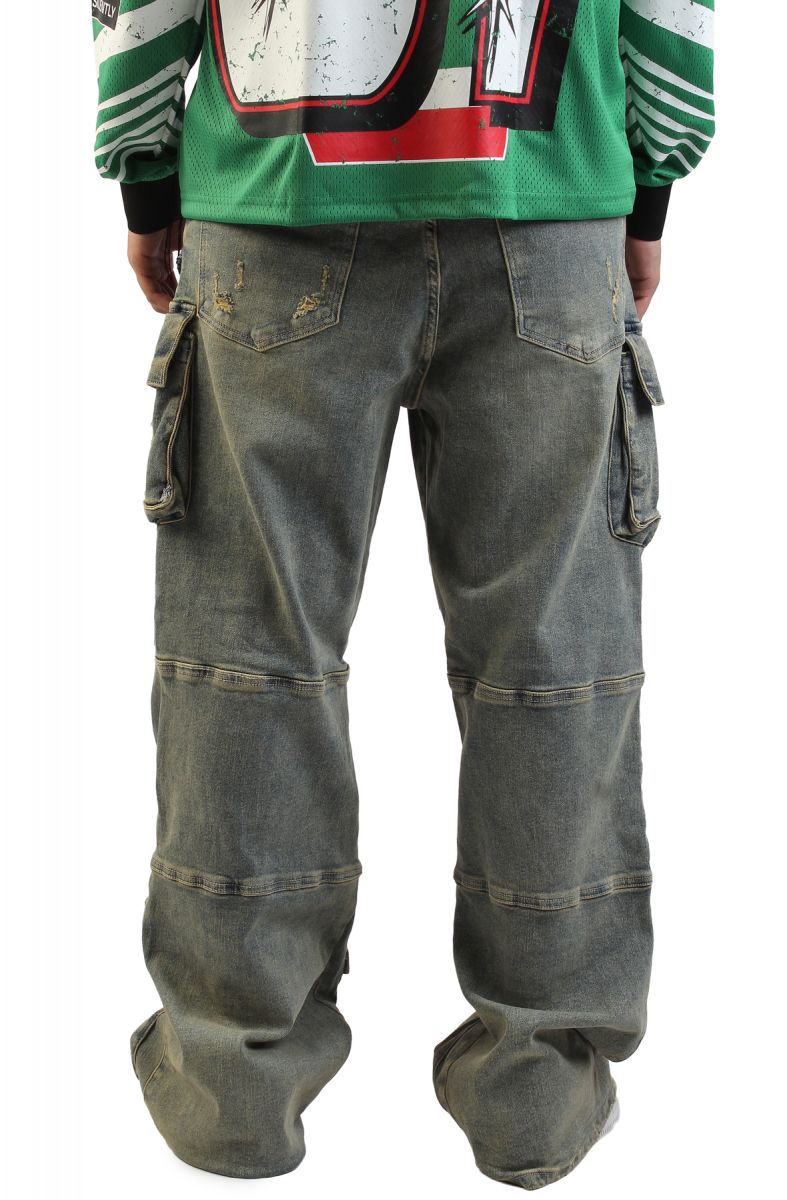 FIRST ROW Y2K Utility Cargo Denim Pants FRD3116A-STONE - Karmaloop