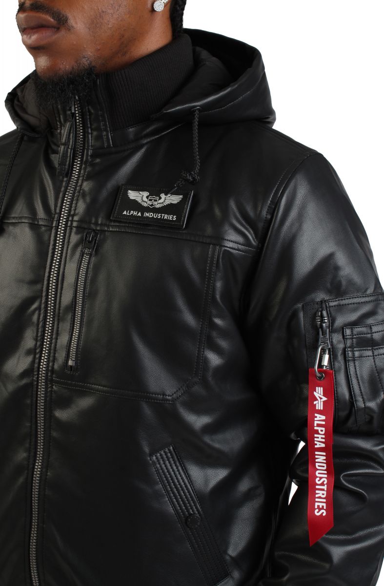 ALPHA Faux Leather Hooded Rib Flight Jacket MJF55501C1-BLK - Karmaloop