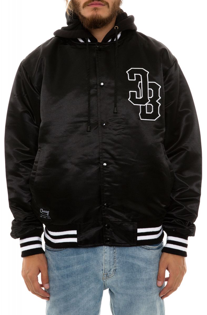 CB WORLDWIDE Hooded Satin Baseball Jacket in Black