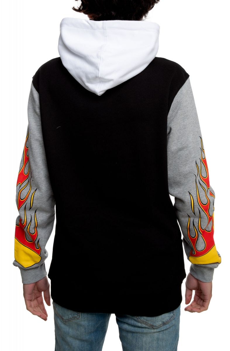 white hoodie with flames on sleeves