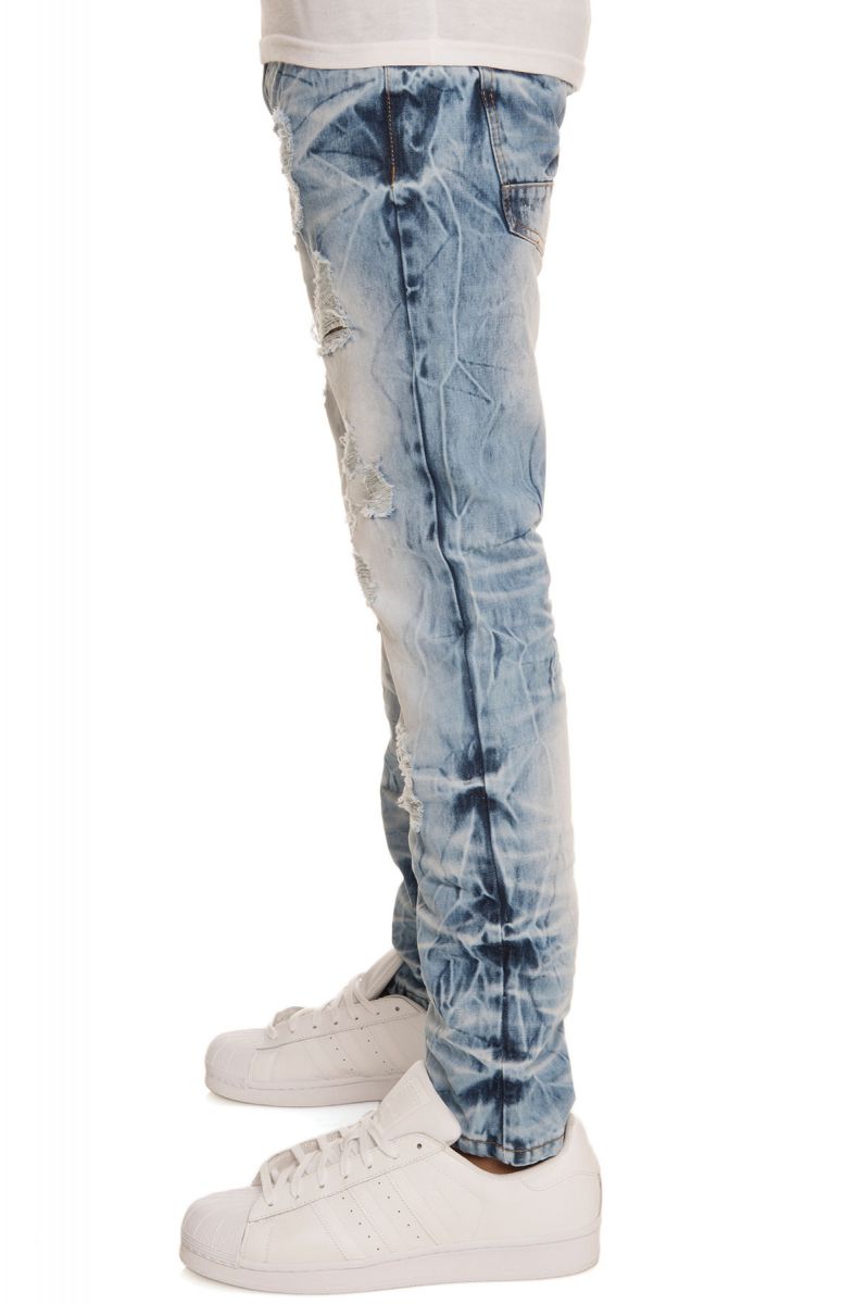 The Vintage Distressed Whisker Denim in Light Blue