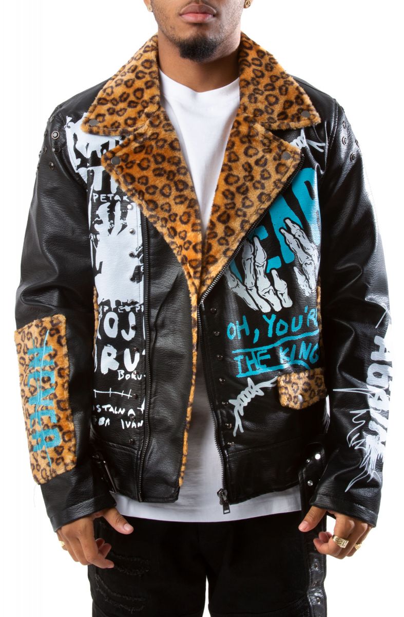 REBEL MINDS Leopard Collar Biker Jacket 612-553BLK - Karmaloop