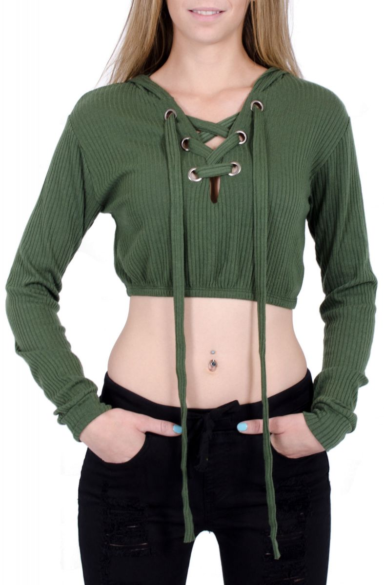 SPOILED PEASANTS Ribbed Crop Top Hoodie in Olive TG22-CLASS5 - Karmaloop