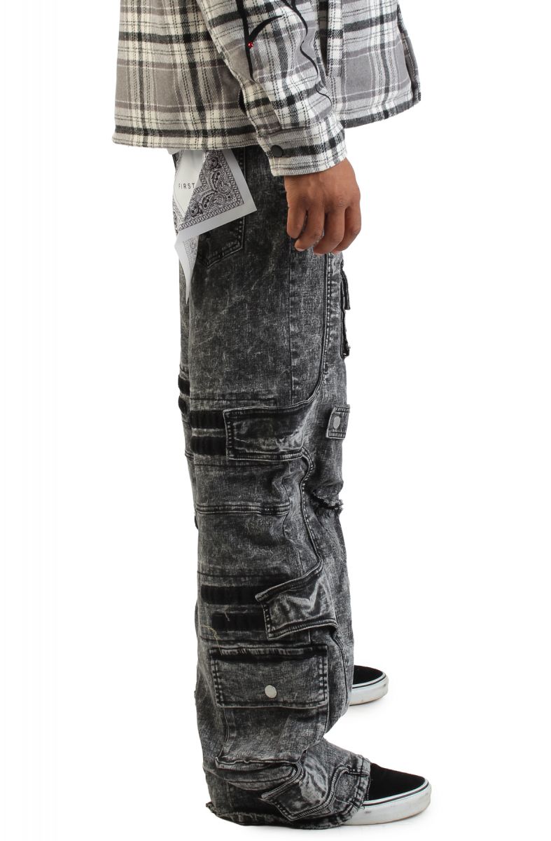 FIRST ROW Washed Multi Cargo Denim Y2K Pants FRD3122-BLK - Karmaloop