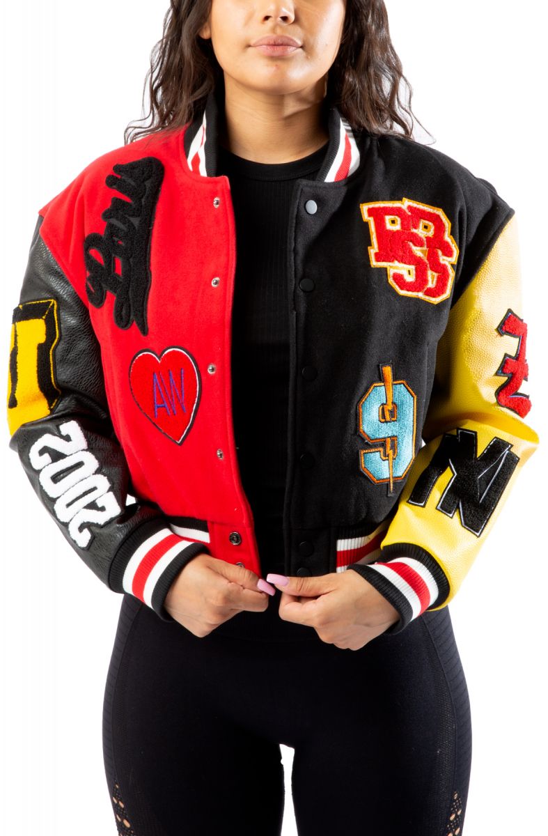 red cropped varsity jacket