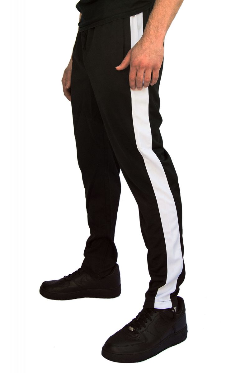 black track pants with white stripe