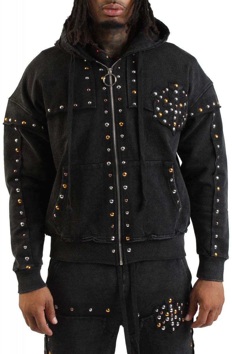 HUDSON Studded Fleece Oversized Zip-Up Hoodie 585-BLK - Karmaloop