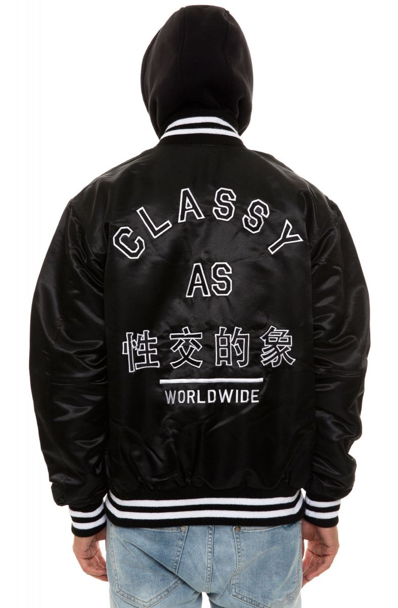 CB WORLDWIDE Hooded Satin Baseball Jacket in Black