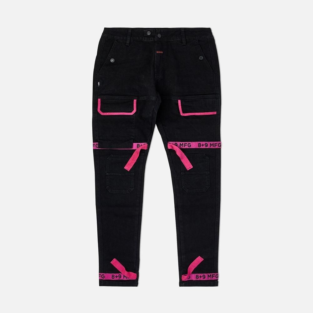 8&9 CLOTHING Strapped Up Slim Jet Black Denim Jeans Pink Straps  PSBLKPNK-BLACKPINK - Karmaloop