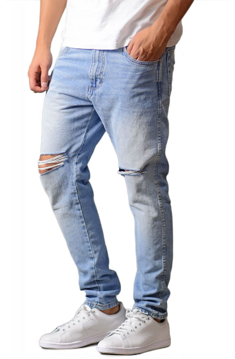enslaved Denim Jeans Tapered Ripped Faded Indigo Blue