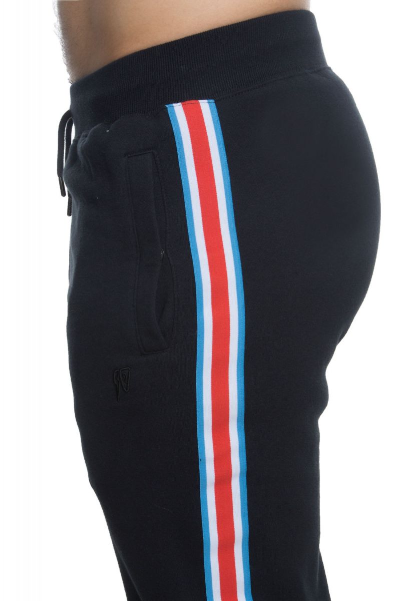 black sweatpants with red and white stripe