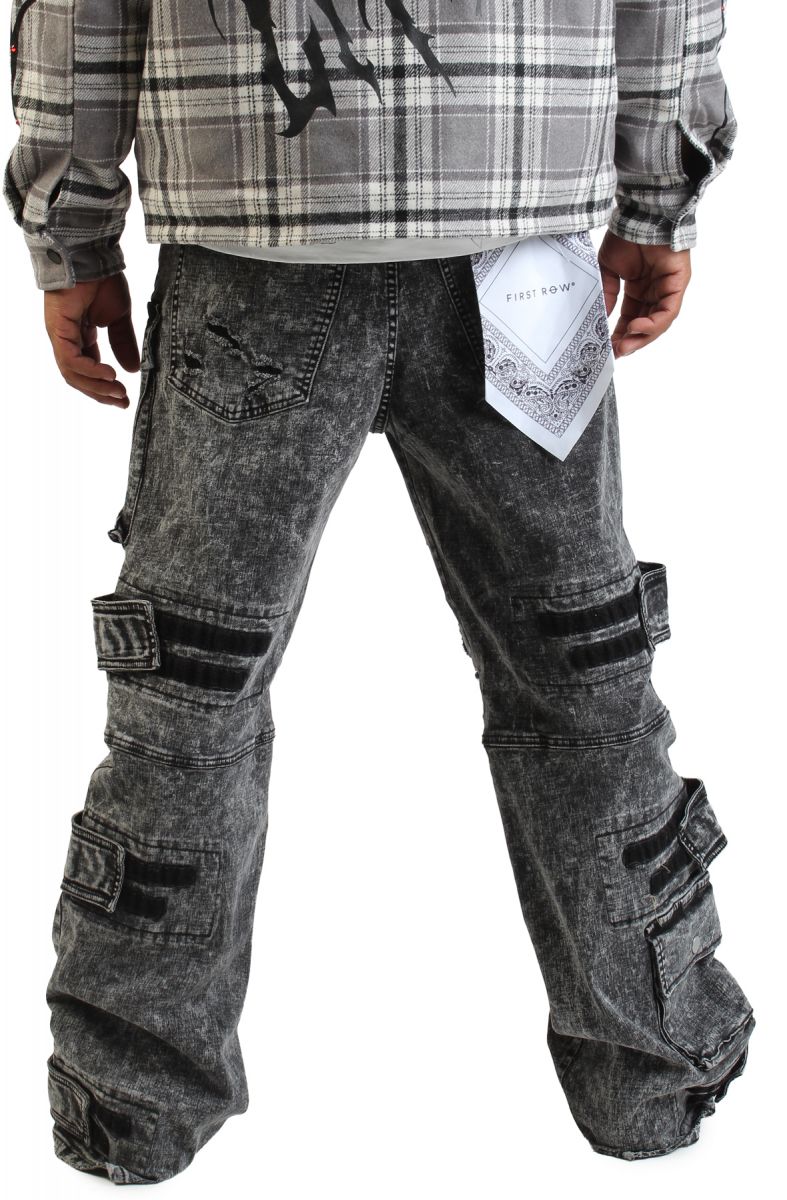FIRST ROW Washed Multi Cargo Denim Y2K Pants FRD3122-BLK - Karmaloop