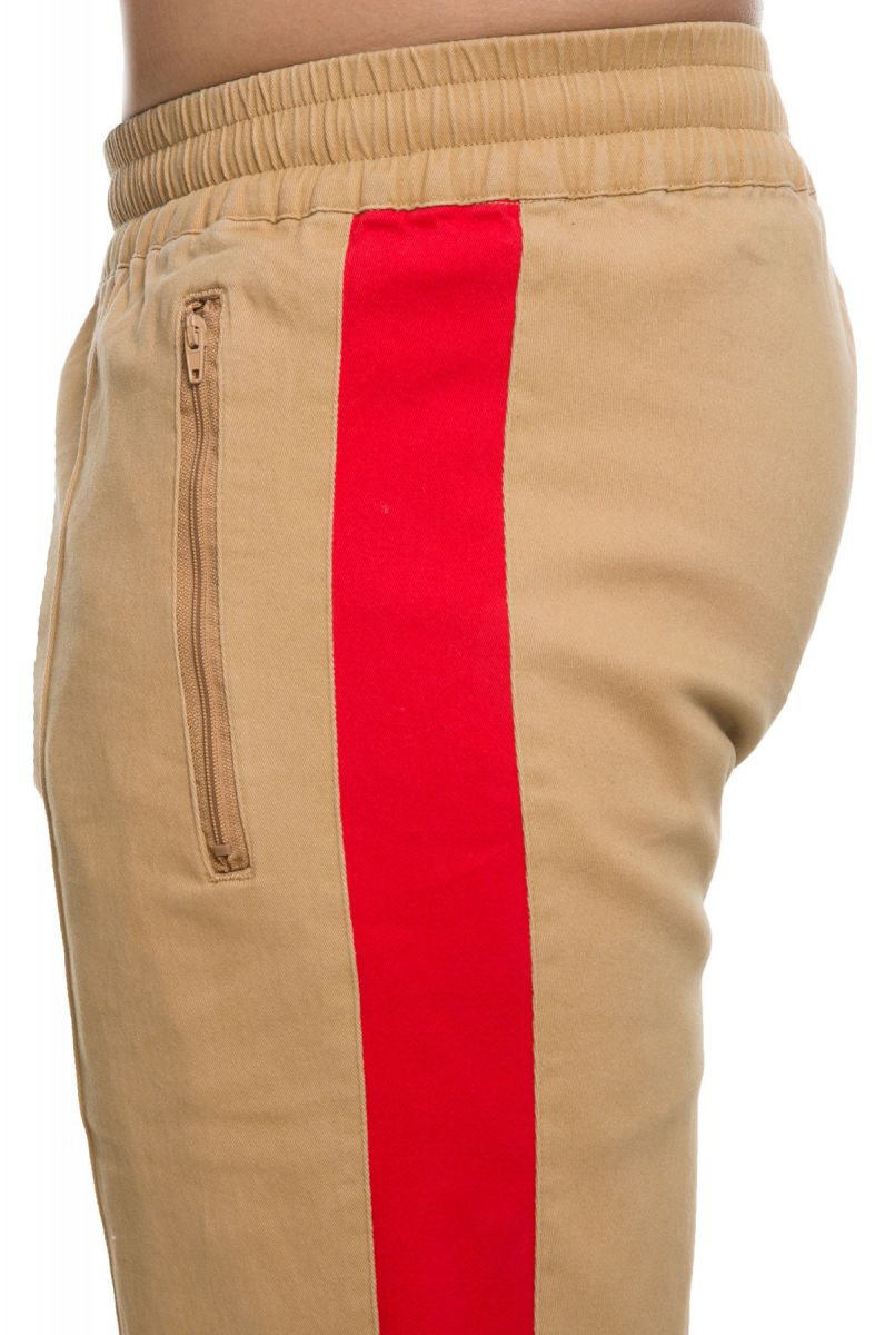 khaki pants with red stripe