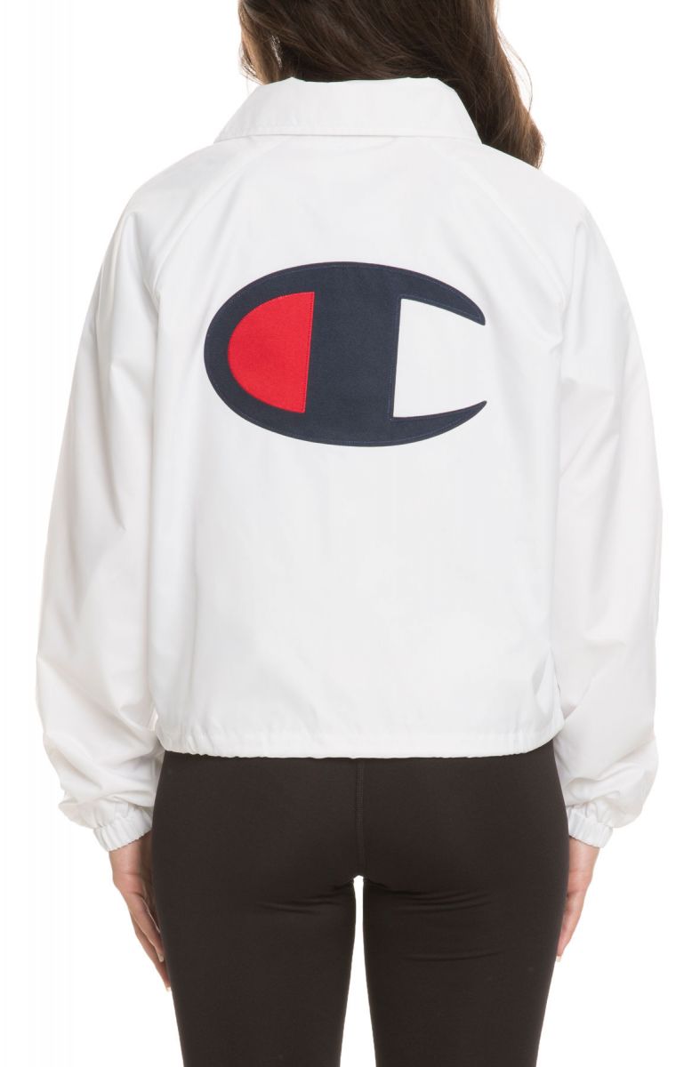 CHAMPION The 4' Champion Script Cropped Coaches Jacket in White