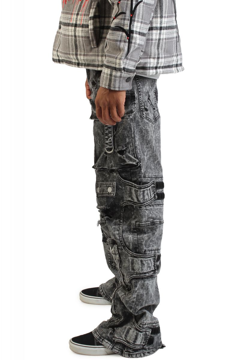 FIRST ROW Washed Multi Cargo Denim Y2K Pants FRD3122-BLK - Karmaloop