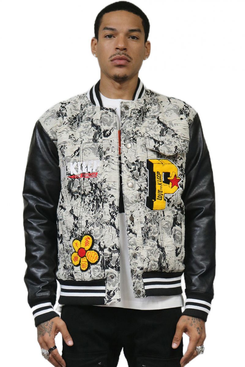 Mens Embroidered Varsity Jacket with Faux Leather Sleeves and Chenille  Embroidered Patches 