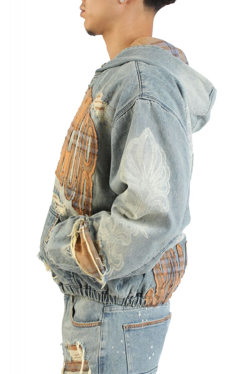 SMOKE RISE Grandeur Plaid Denim Hoodie Jacket JJ25644SK-MUN