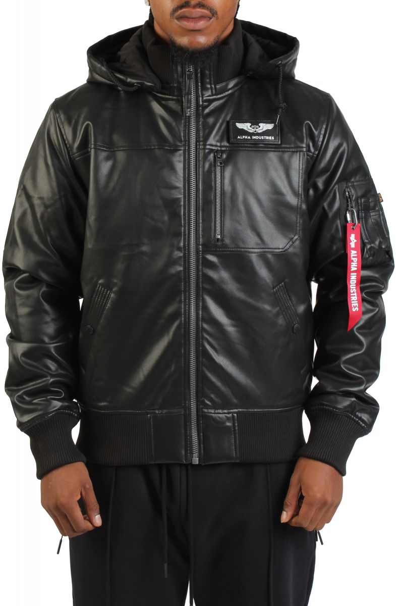 ALPHA Faux Leather Hooded Rib Flight Jacket MJF55501C1-BLK - Karmaloop