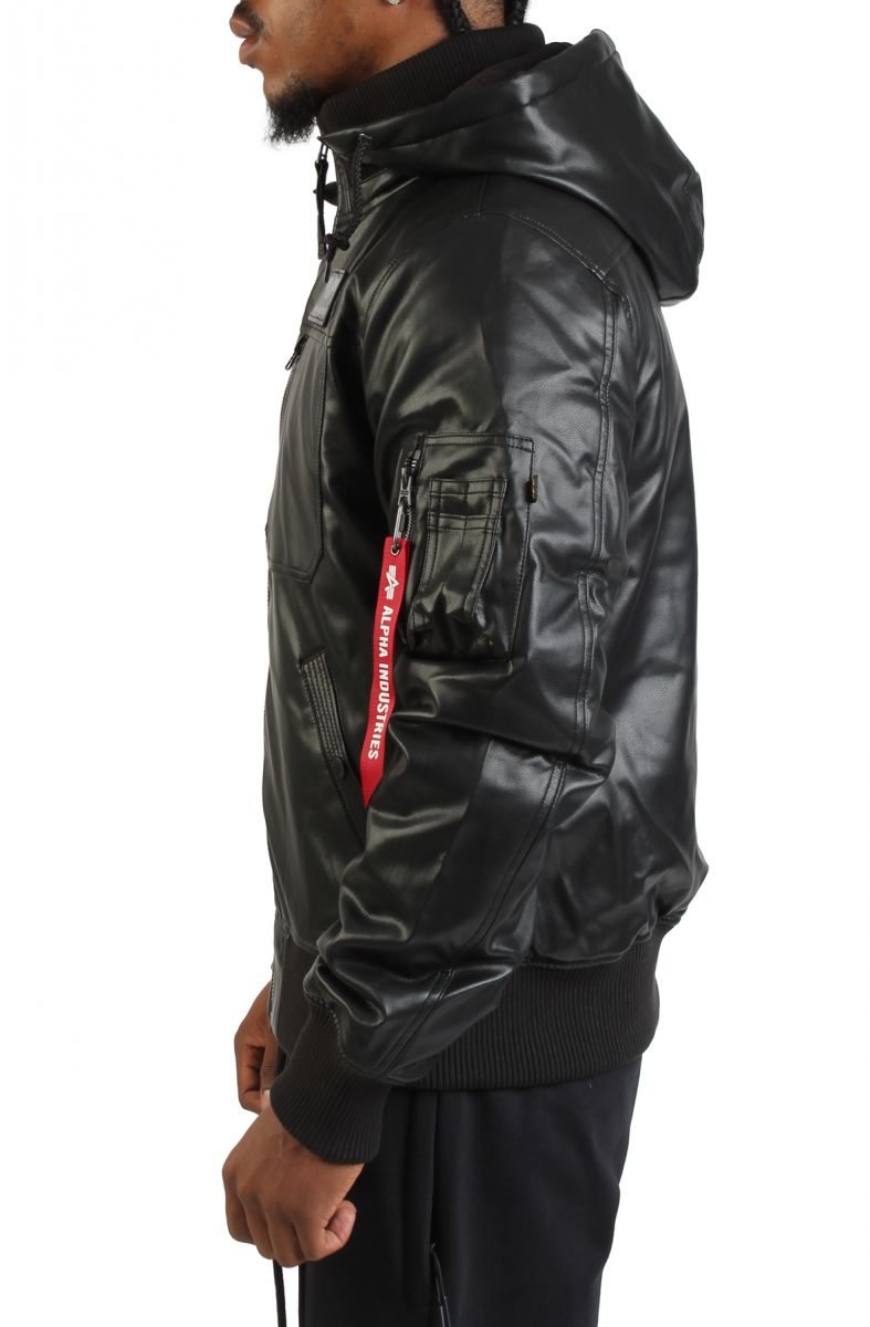 ALPHA Faux Leather Hooded Rib Flight Jacket MJF55501C1-BLK - Karmaloop