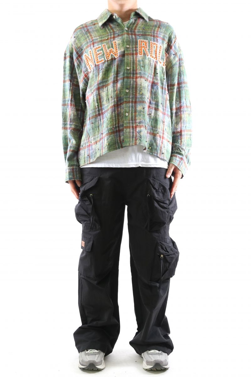 KLEEP WELD Long Sleeve Washed Flannel Crop Top Button Down Shirt