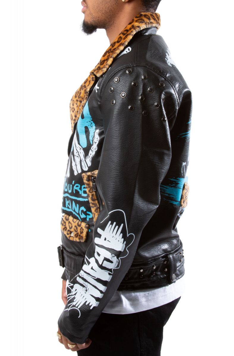 REBEL MINDS Leopard Collar Biker Jacket 612-553BLK - Karmaloop