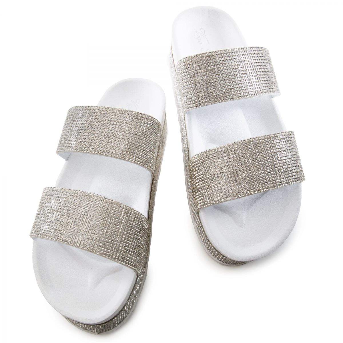 LILIANAS SHOES Buffy-1 Rhinestone Band Platform Slides BUFFY-1-WHT - Karmaloop