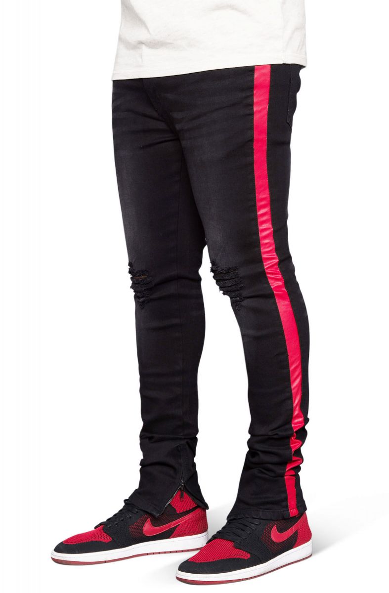 black and red striped jeans