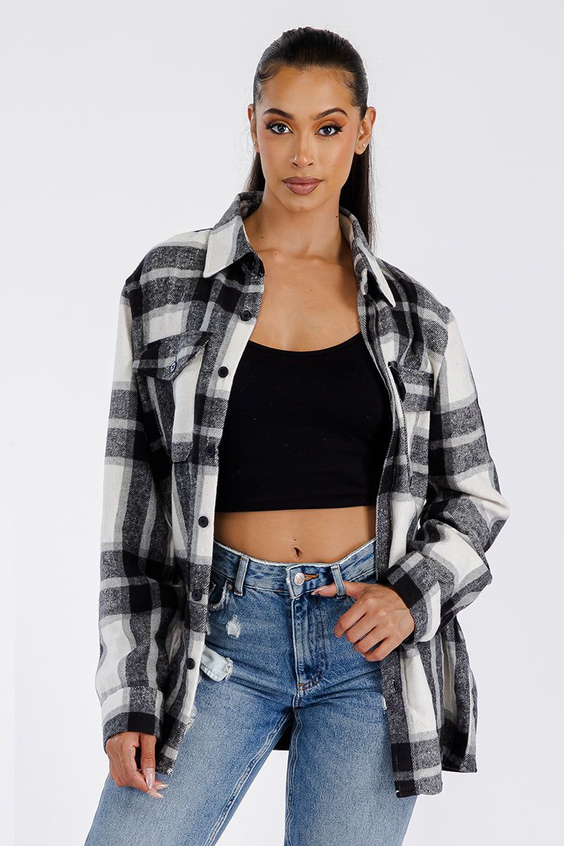 WEIV Boyfriend Oversized Soft Flannel Shacket FL506-WHBK