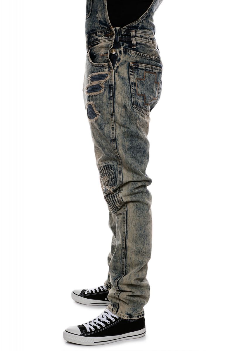 PINK DOLPHIN The Tsunami Denim Overalls in Patchwork Sandwash