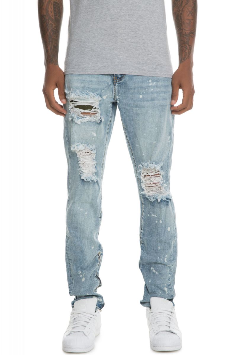 EMBELLISH The Bullet Exposed Ripped Bleach Splatter Denim Jeans in Blue ...