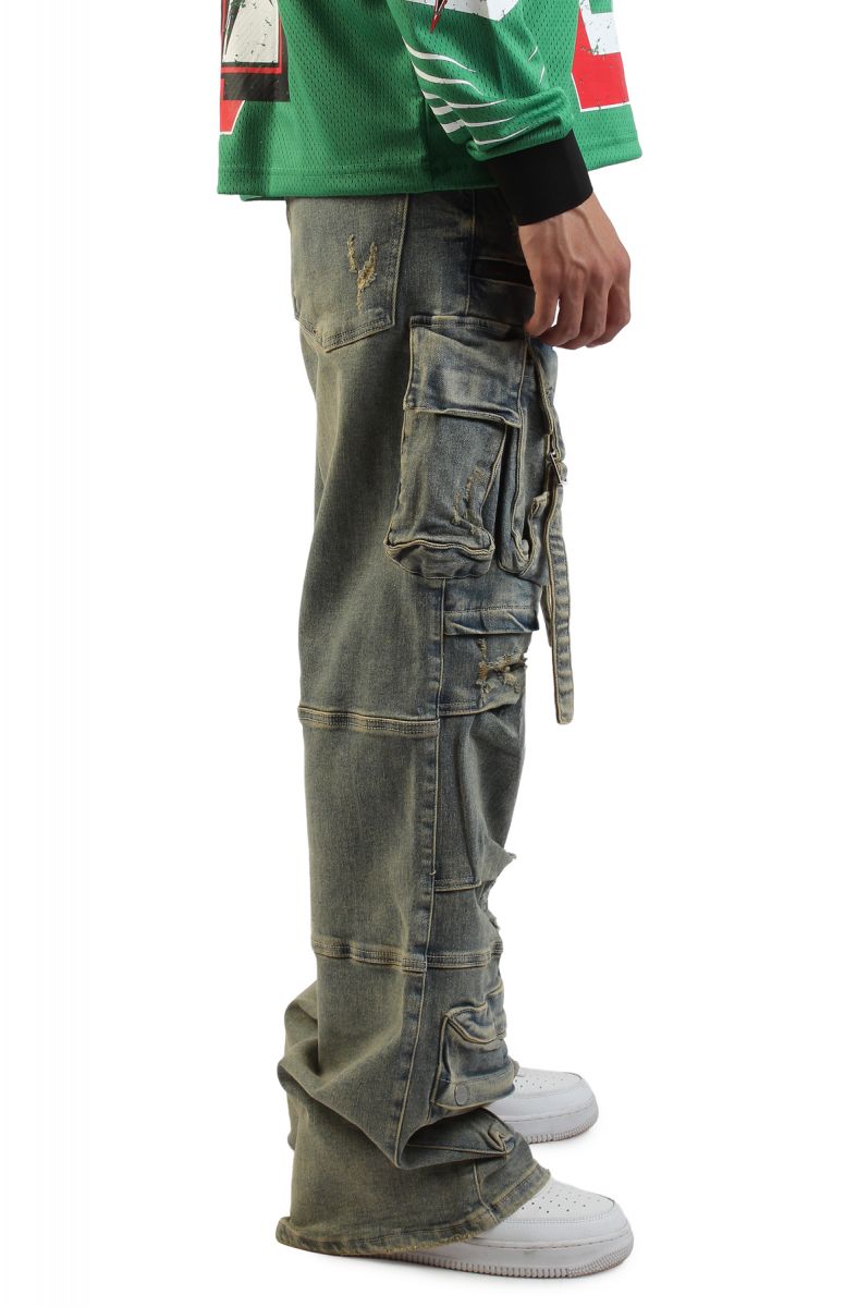 FIRST ROW Y2K Utility Cargo Denim Pants FRD3116A-STONE - Karmaloop
