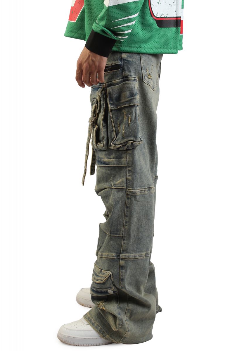 FIRST ROW Y2K Utility Cargo Denim Pants FRD3116A-STONE - Karmaloop
