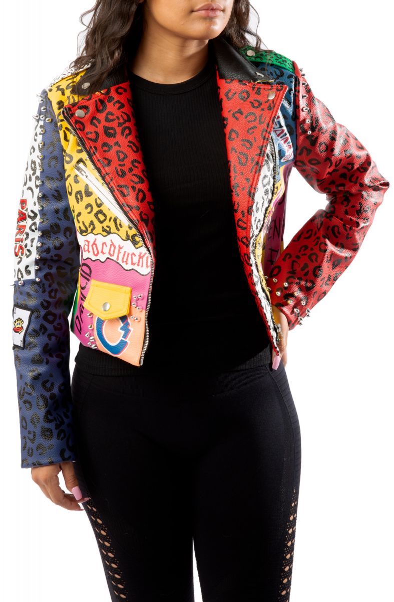 AZALEA WANG Graphic Leopard Print Leather Jacket WONKA-REDMLT - Karmaloop