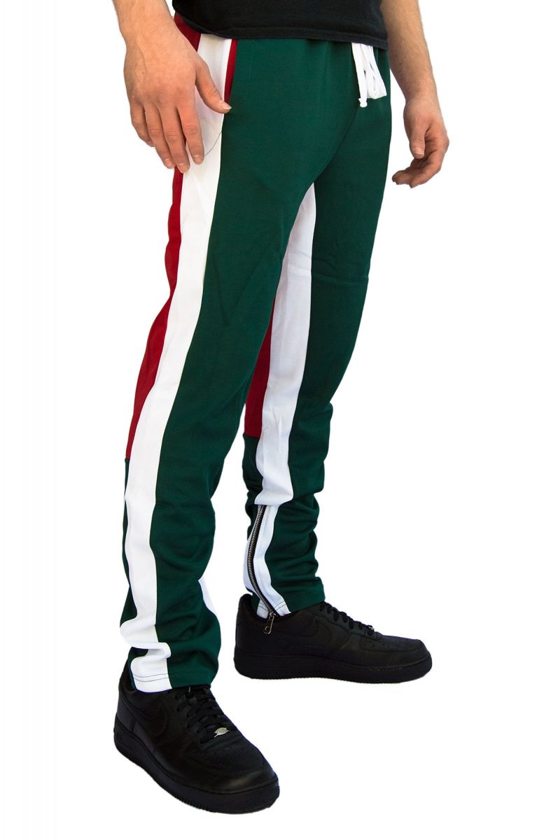 red and white striped track pants
