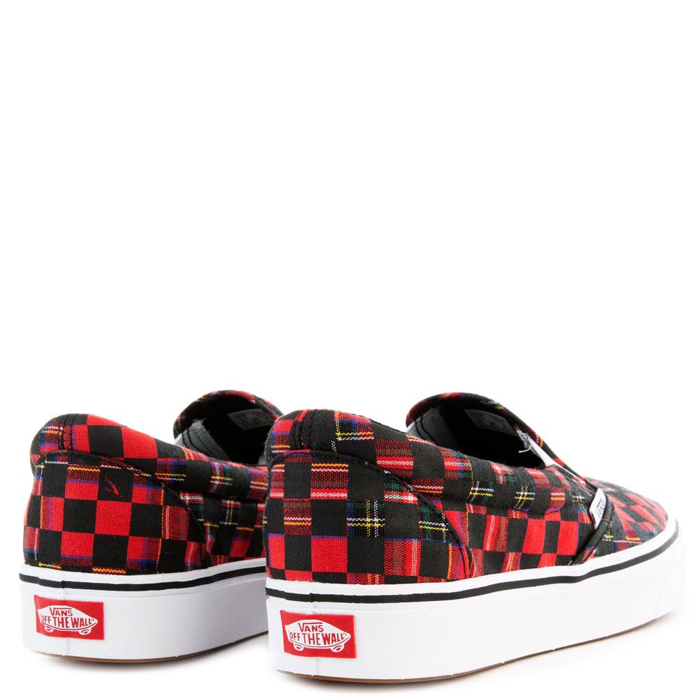 red checkerboard slip ons