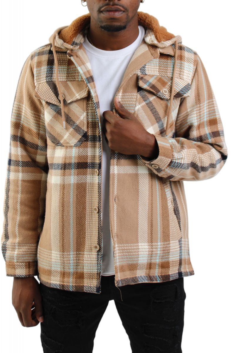 Double Take Drawstring Plaid Long Sleeve Hooded Shacket