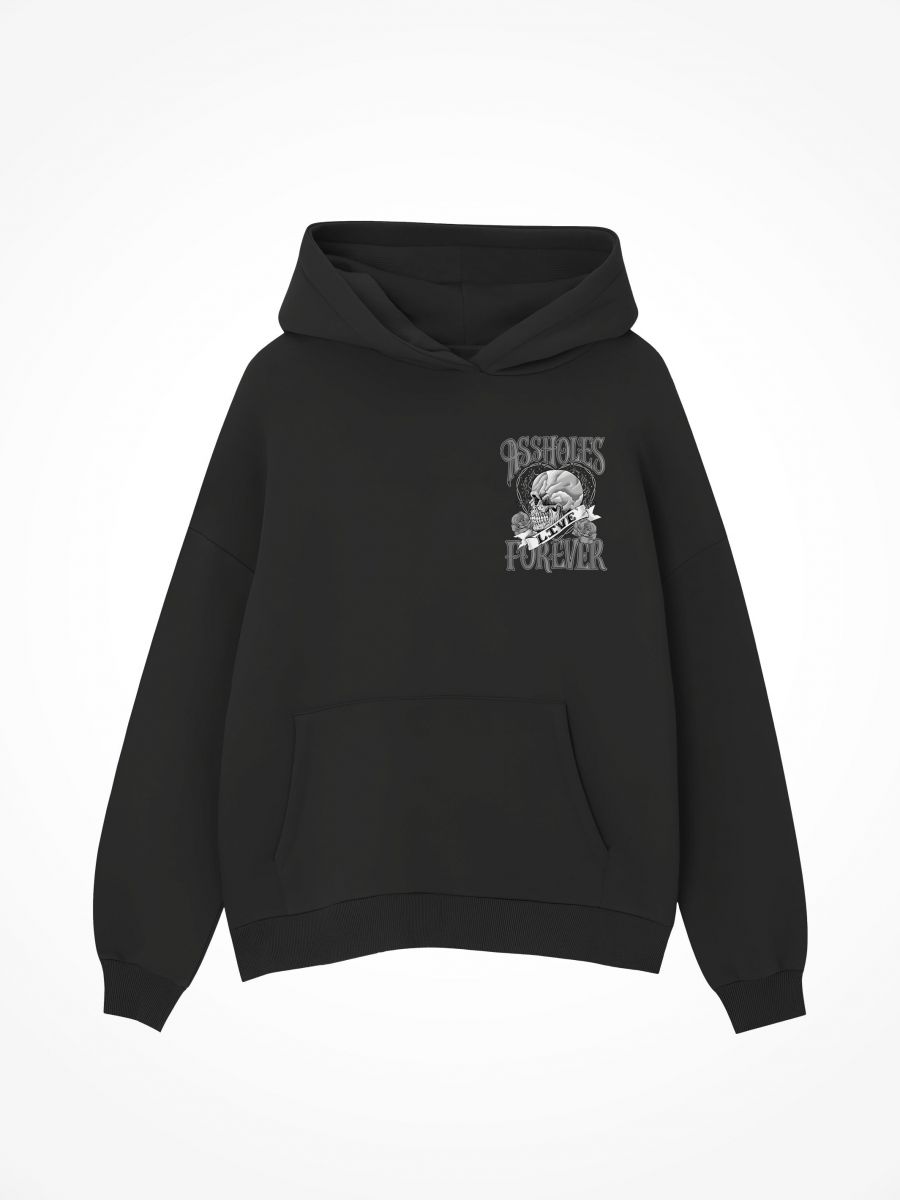 ASSHOLES LIVE FOREVER ALF Skull Heart Greyscale - Black Hoodie