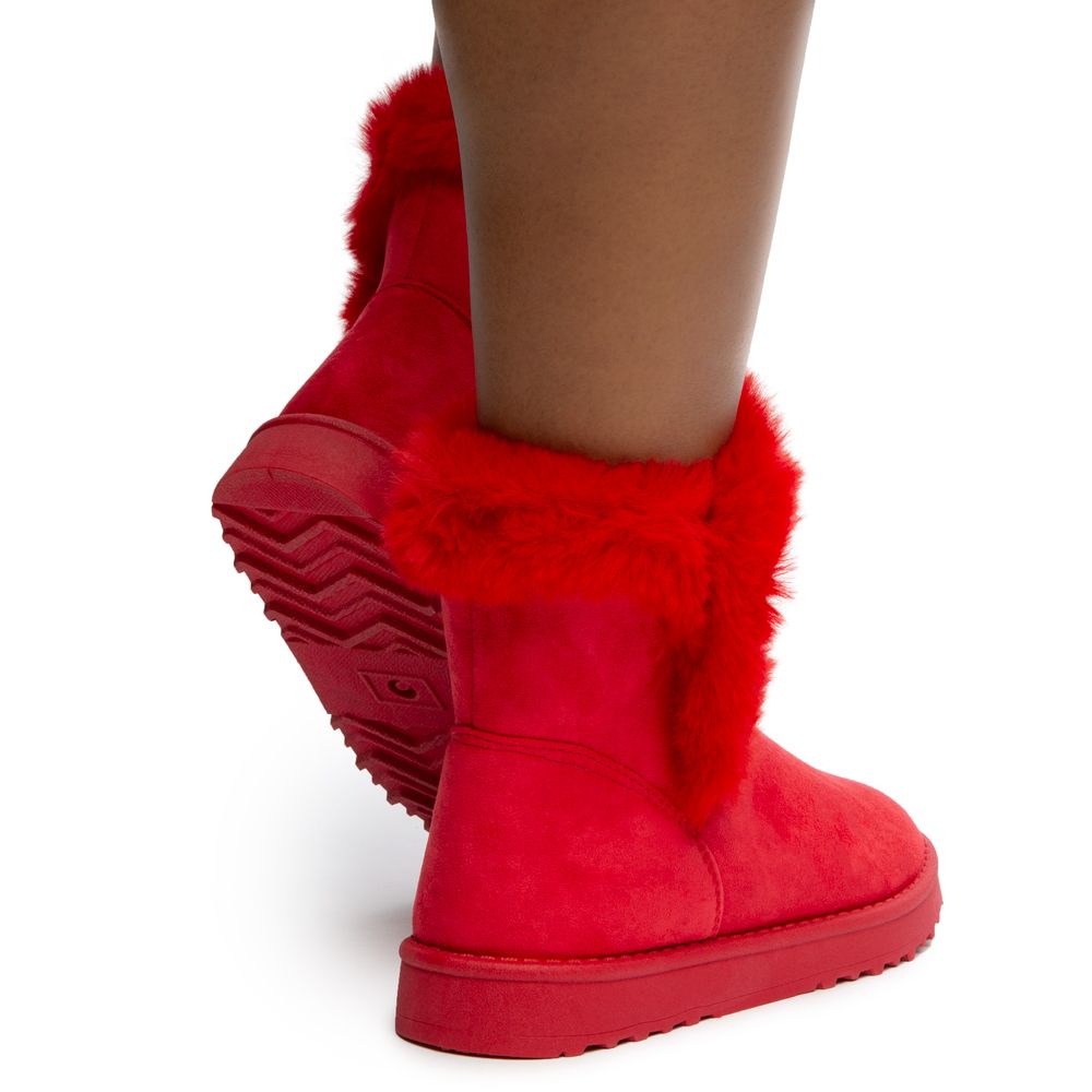 red faux fur boots