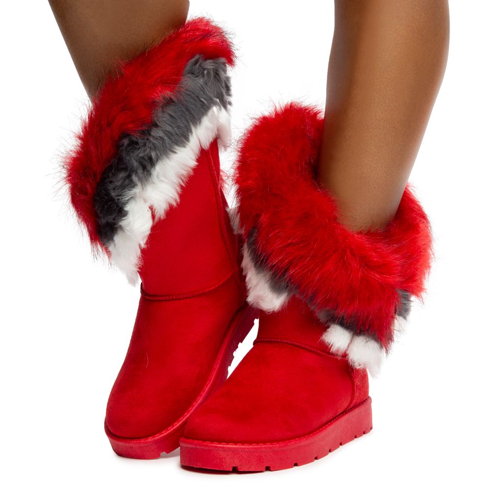 red faux fur boots
