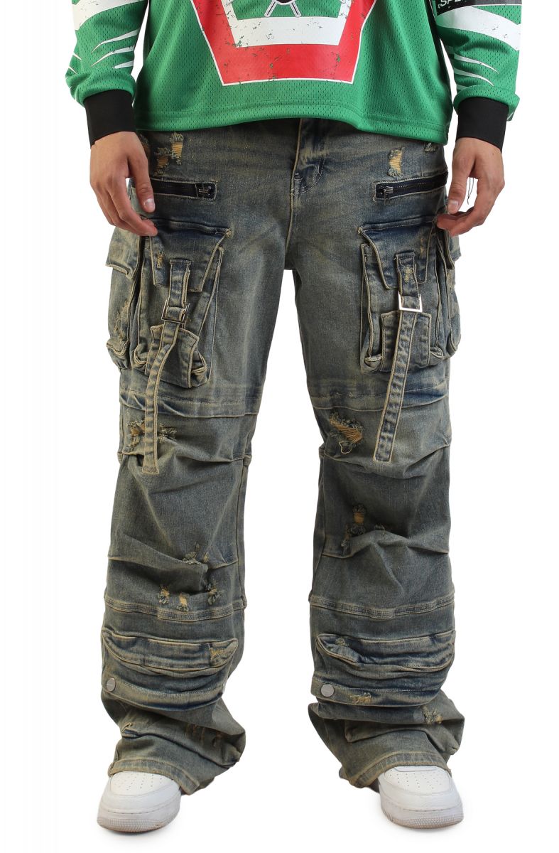 FIRST ROW Y2K Utility Cargo Denim Pants FRD3116A-STONE - Karmaloop