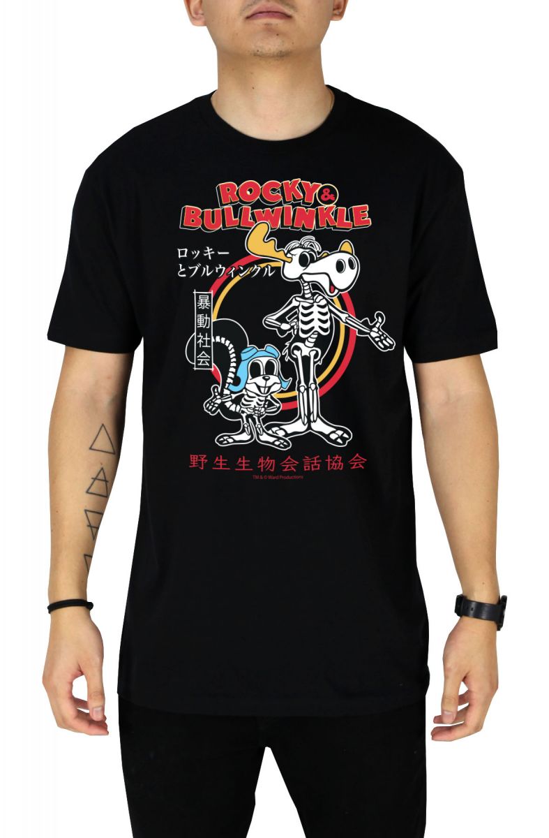 RIOT SOCIETY Rocky and Bullwinkle Skeleton Kanji Mens T-Shirt UVMT