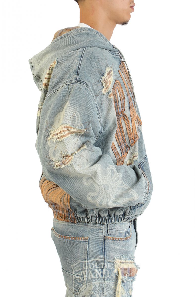 SMOKE RISE Grandeur Plaid Denim Hoodie Jacket JJ25644SK-MUN