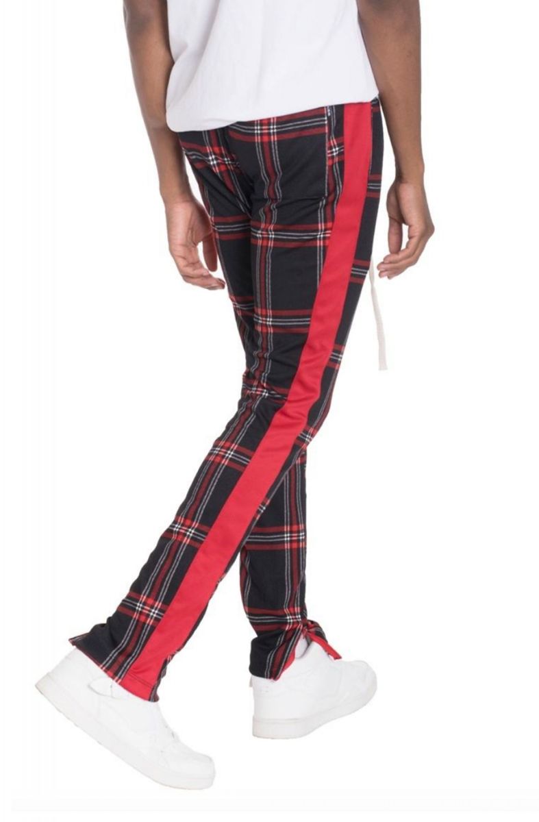 E STREET Plaid and Stripe Zipper Track Pants in Red WV-TP-03 - Karmaloop