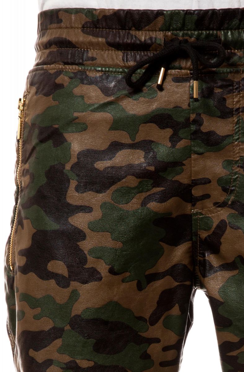 Ages Pants Vegan Leather Joggers in Dark Wood Camo Green