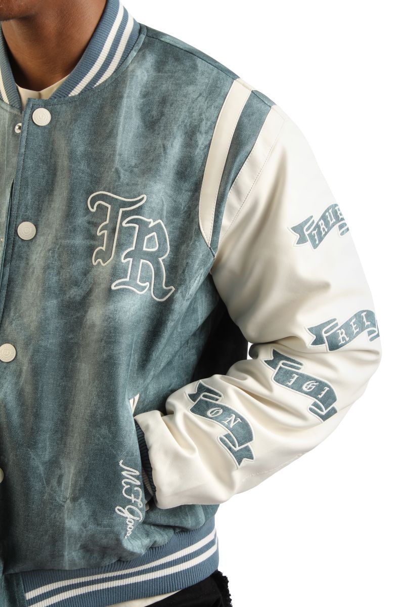 TRUE RELIGION Denim Print Retro Varsity Jacket 109881-4250 - Karmaloop