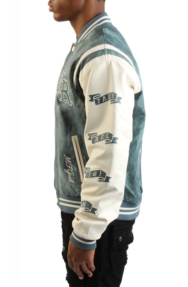 TRUE RELIGION Denim Print Retro Varsity Jacket 109881-4250 - Karmaloop