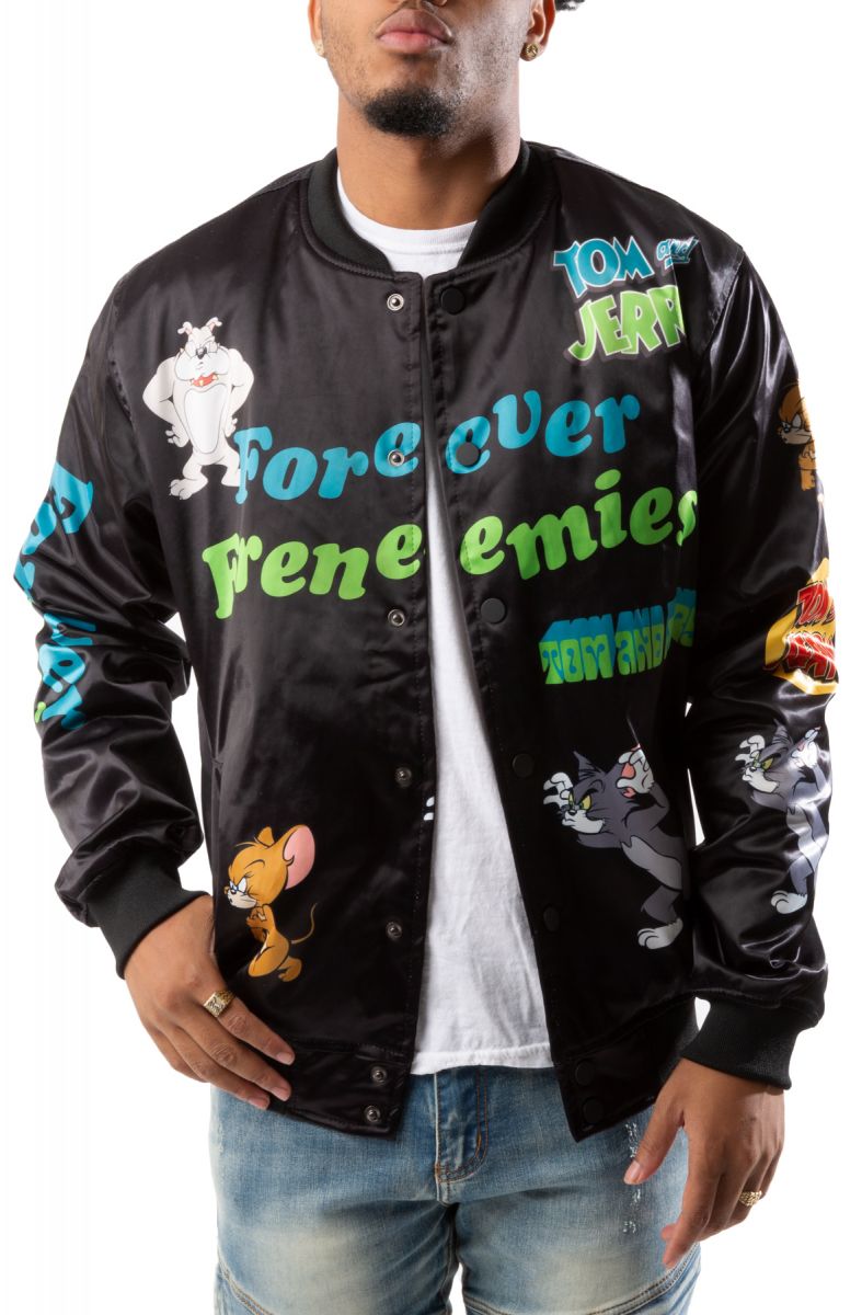 Shop Tom and Jerry Print Denim Jacket with Long Sleeves and Chest