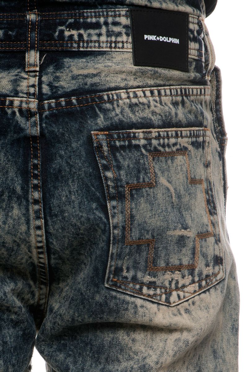 PINK DOLPHIN The Tsunami Denim Overalls in Patchwork Sandwash